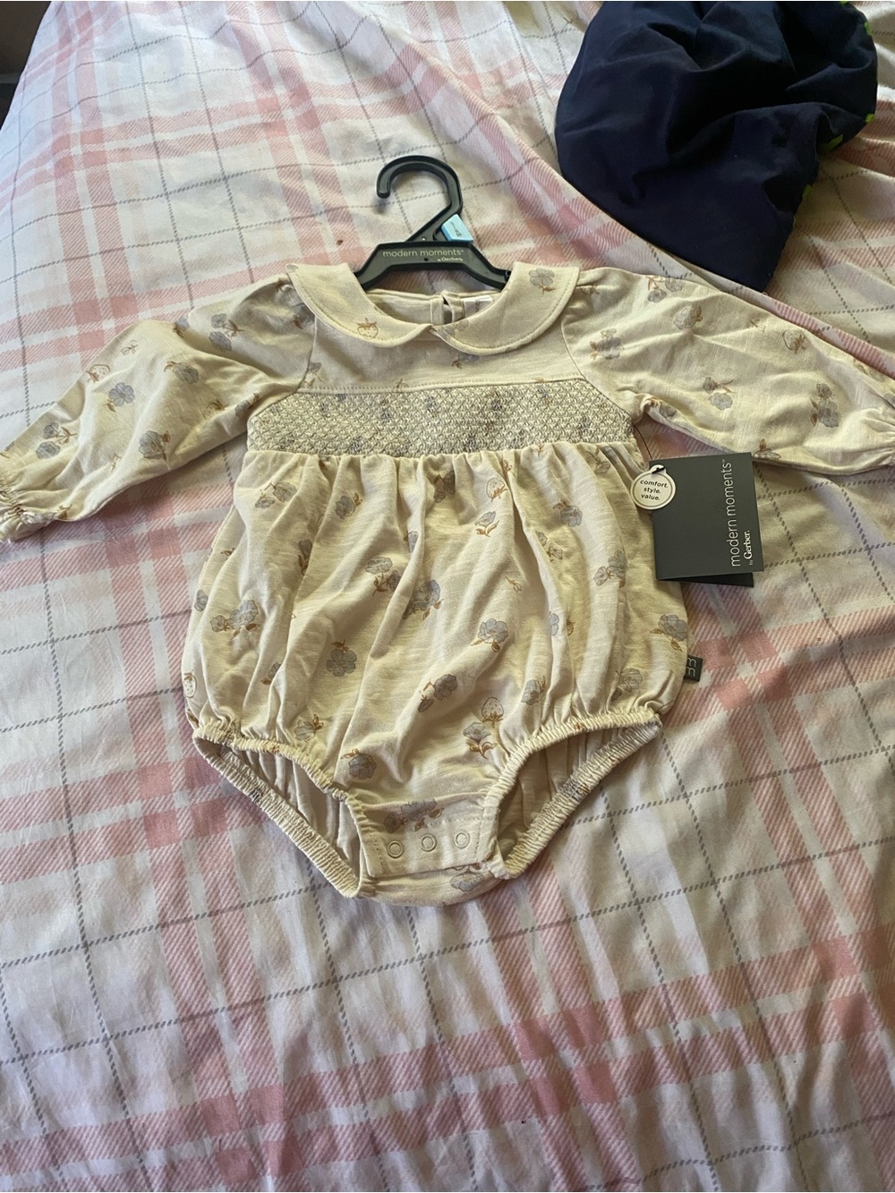 Gerber Cream Smocked Long-Sleeve Baby One-Piece with Subtle Floral Print